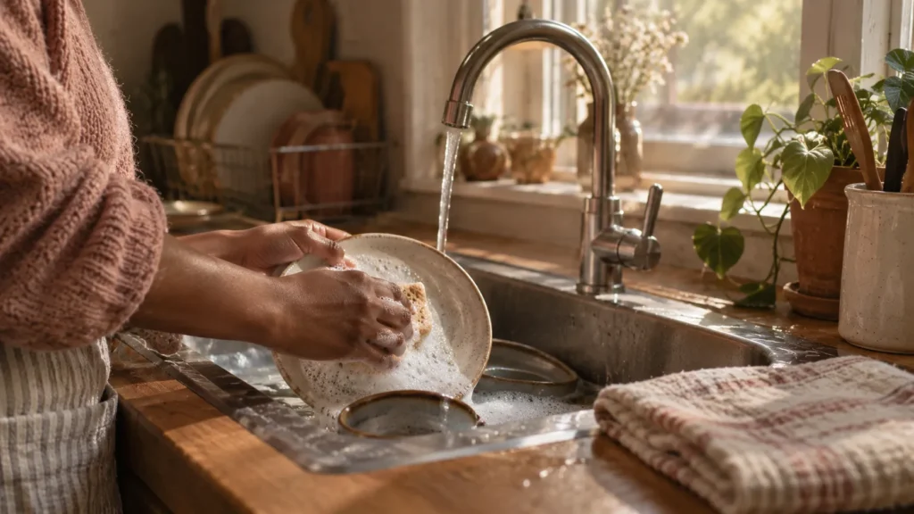 Hands washing dishes at a kitchen sink in soft morning light.