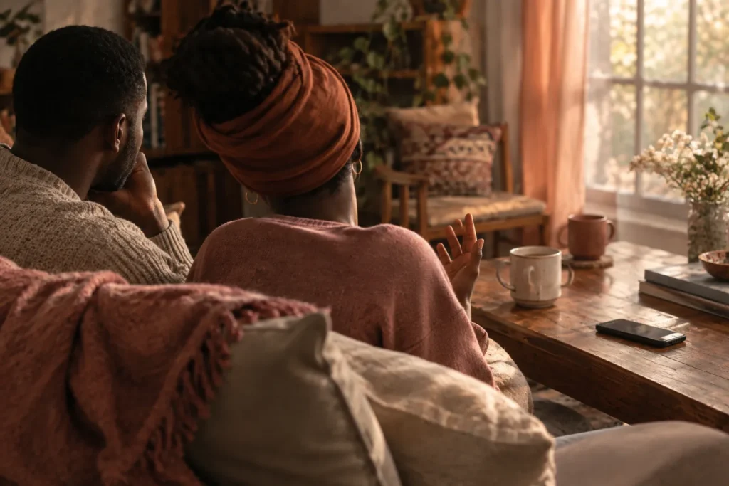 Two people sitting together in conversation, a phone placed face-down nearby showing, Active listening between them