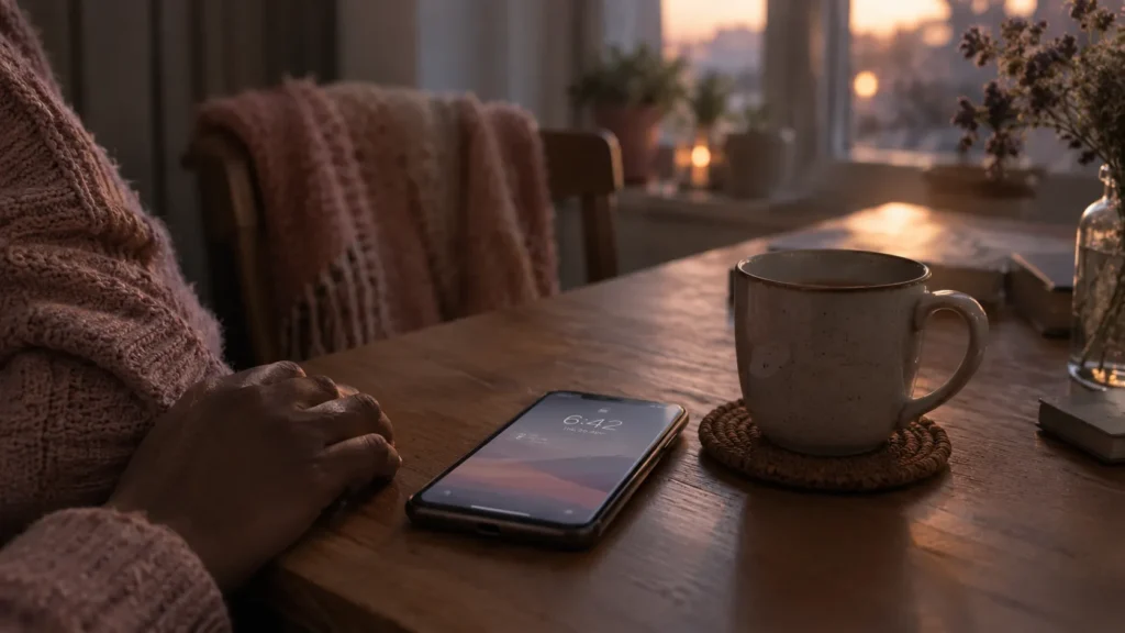 A phone lying face-up on a table beside a mug, a hand resting nearby.
