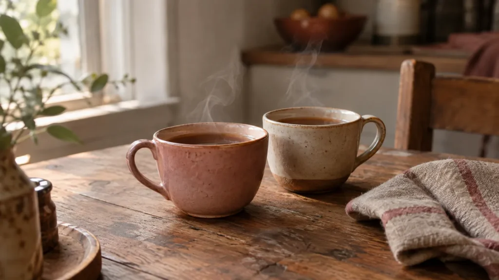 Two cups of tea on a kitchen table, one pushed toward the other.