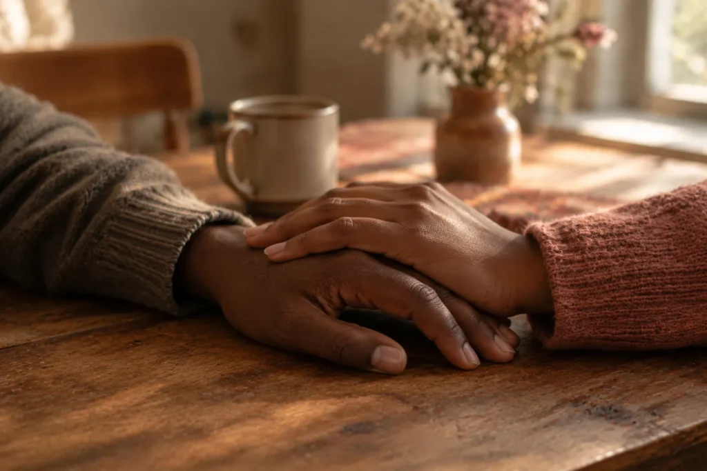 Two hands resting together on a wooden table.
