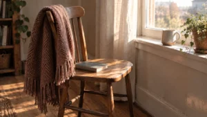 A wooden chair by a window with a folded blanket, in soft morning light.