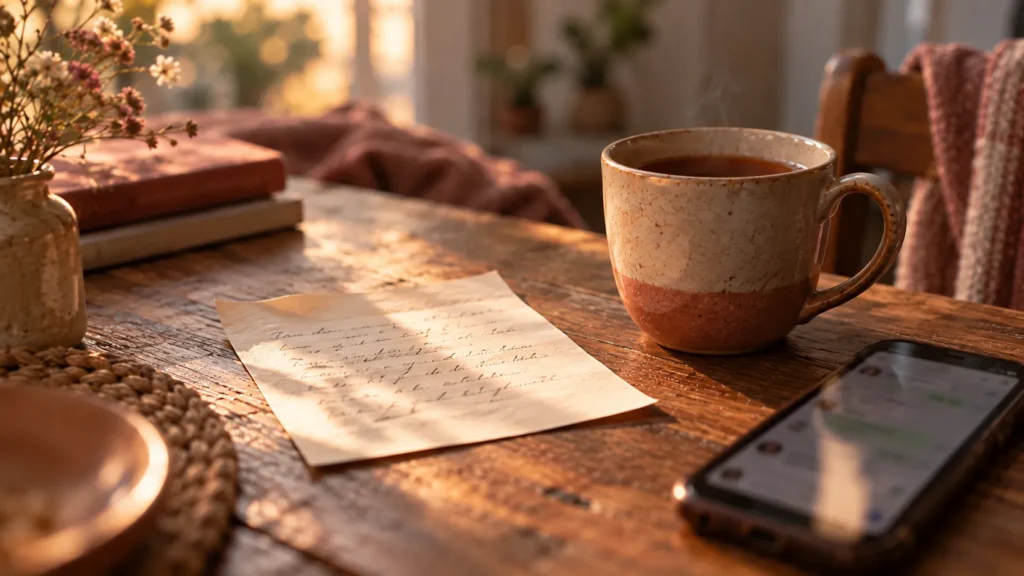 A small handwritten note on a table beside a mug of tea.