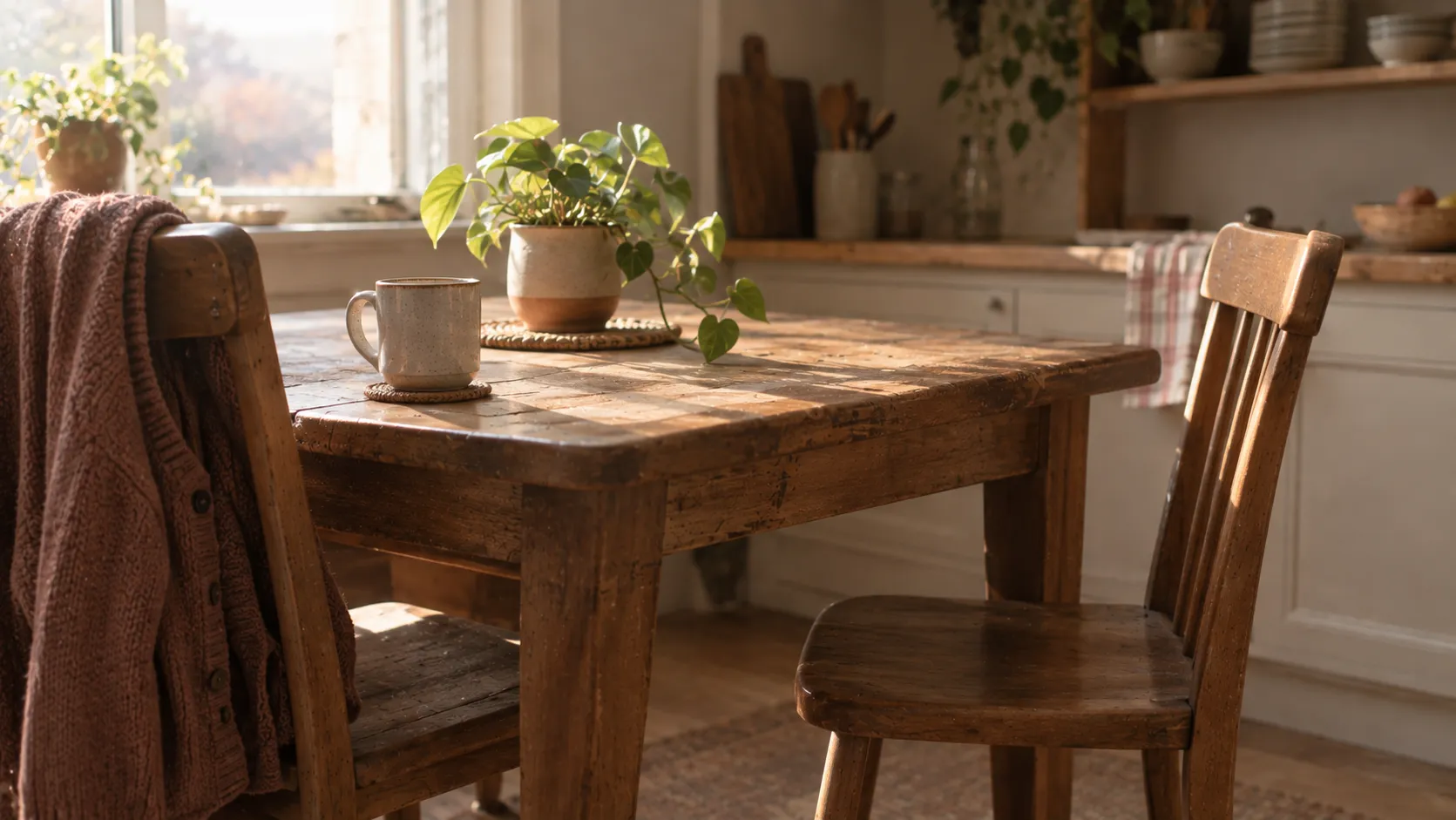 Two chairs at a kitchen table in soft morning light, one with a folded cardigan.