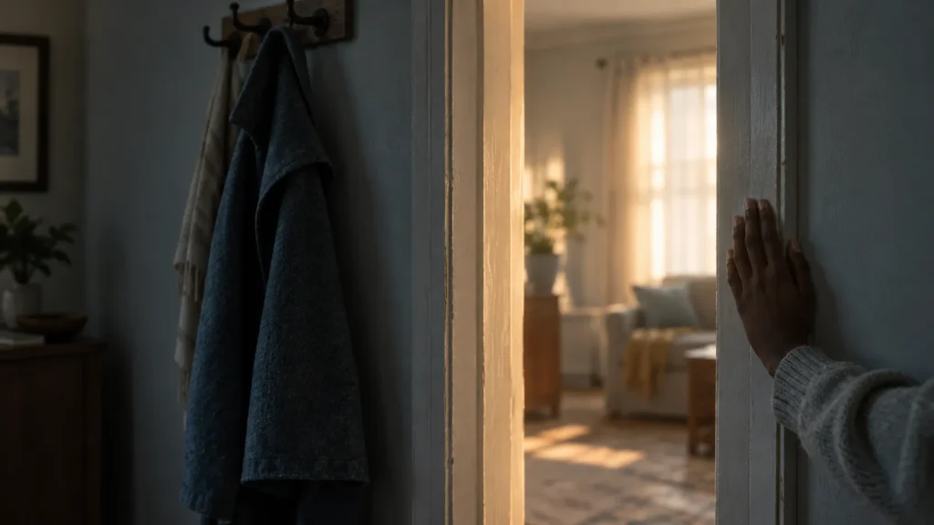A hand resting on a doorframe, warm light beyond the doorway.