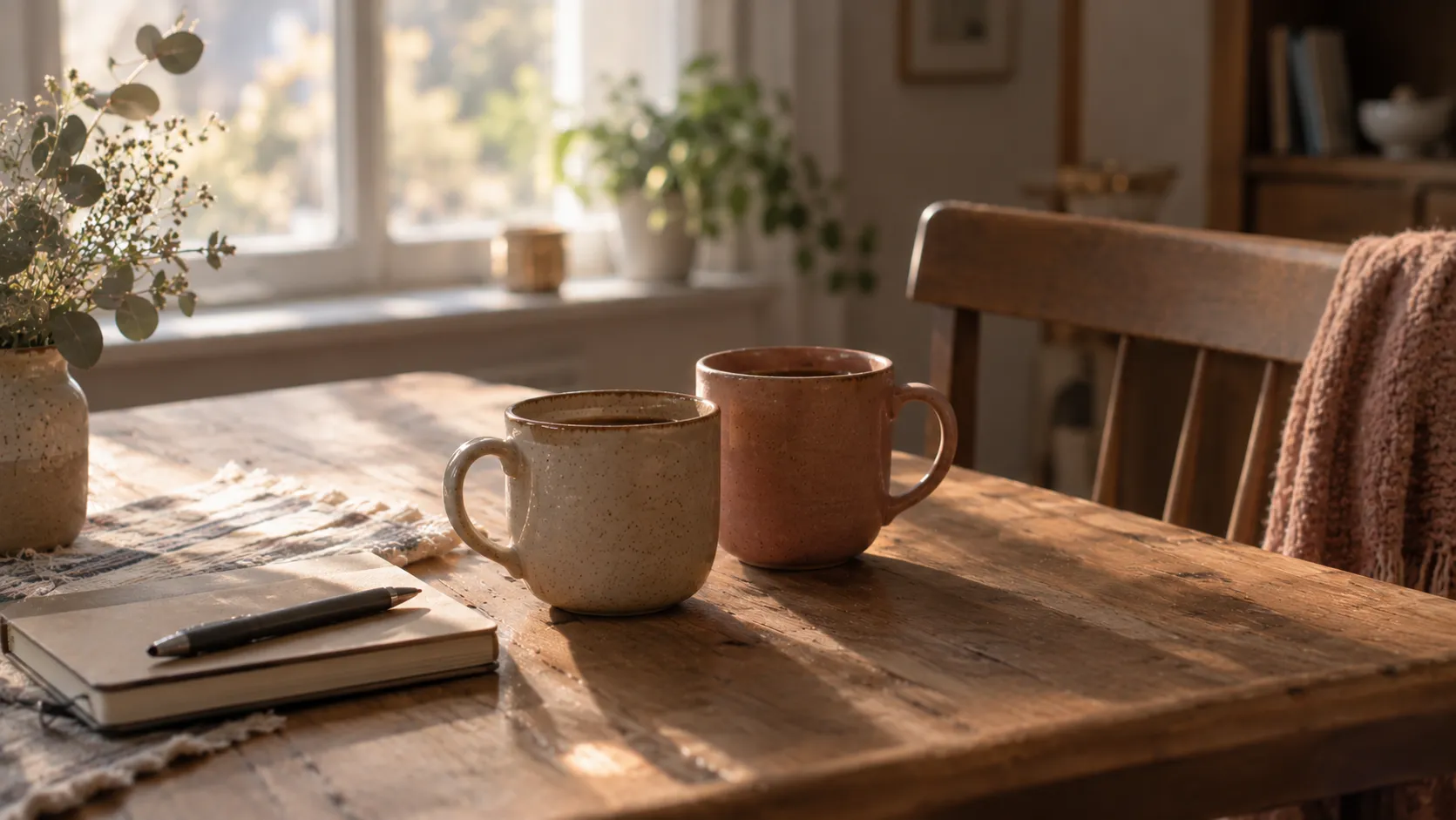 Two coffee cups on a wooden table, one pushed forward, a notebook beside them.