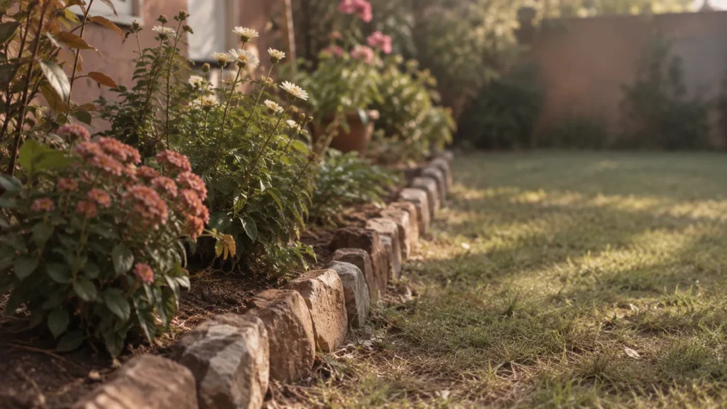A low wooden fence marking a garden edge in soft morning light.
