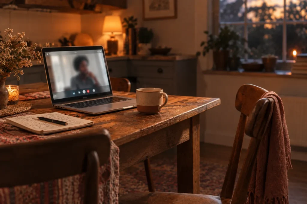 A laptop open on a kitchen table showing a video call, an empty chair pulled up beside it.