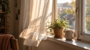 An open window with a curtain lifted by a breeze, a small plant on the sill.