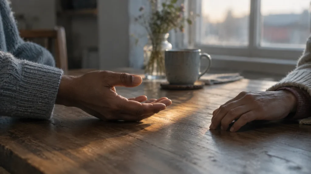 Two hands resting on a table, one reaching slightly forward, not touching.