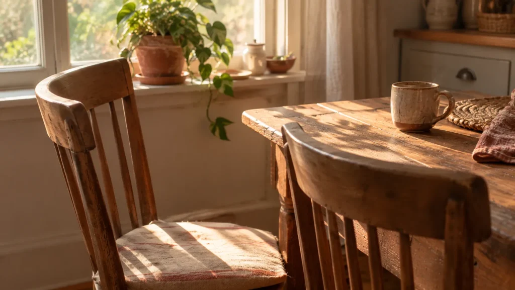 Two wooden chairs pulled up to a kitchen table in soft morning light.