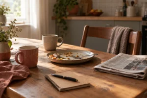 A kitchen table with two mugs, a folded newspaper, and a notebook in morning light.