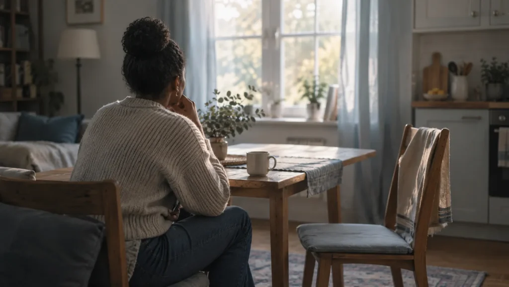 A person sitting alone at a table, an empty chair turned toward them.