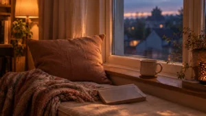 A window seat at dusk with a mug and an open book.