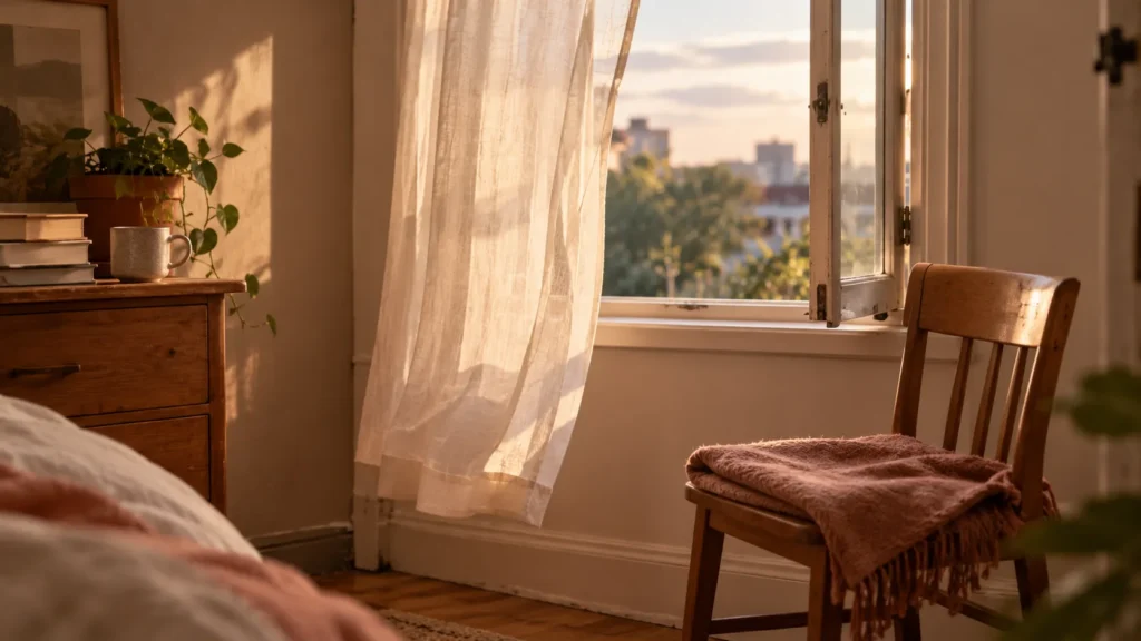 An open window with a light curtain, a wooden chair beside it.