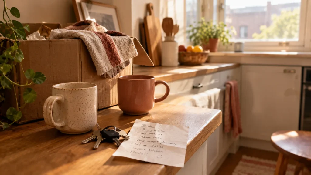 Two mismatched mugs, a set of keys, and a half-unpacked box on a kitchen counter.