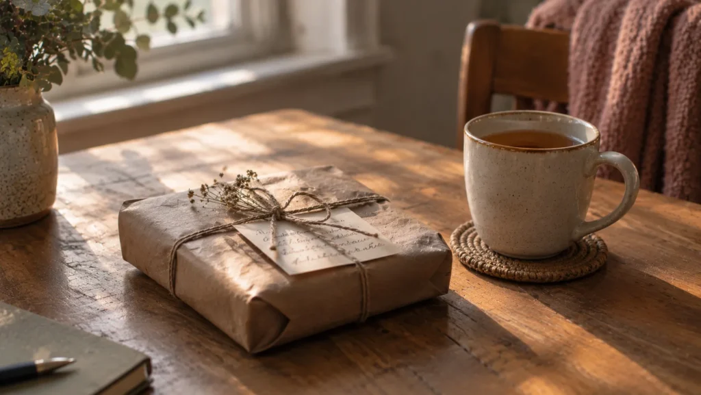 A small wrapped parcel with twine and a note on a wooden table.